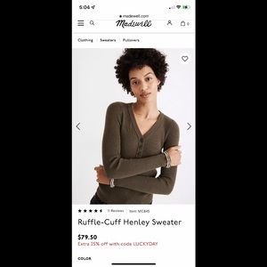 NWT Madewell Ruffle-Cuff Henley Sweater in Dark Green